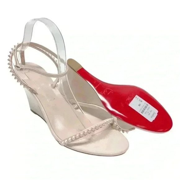 Christian Louboutin SO ME Wedge Sandal 42 11.5 12 Spike Stud Ankle Heels Leche - Picture 6 of 13